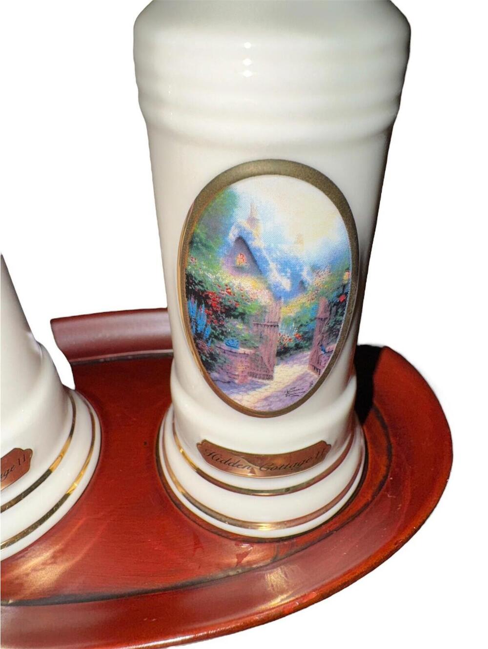 Thomas Kinkade Avon China Salt and Pepper Shakers with Tray Cottage Art Set - Picture 5 of 12